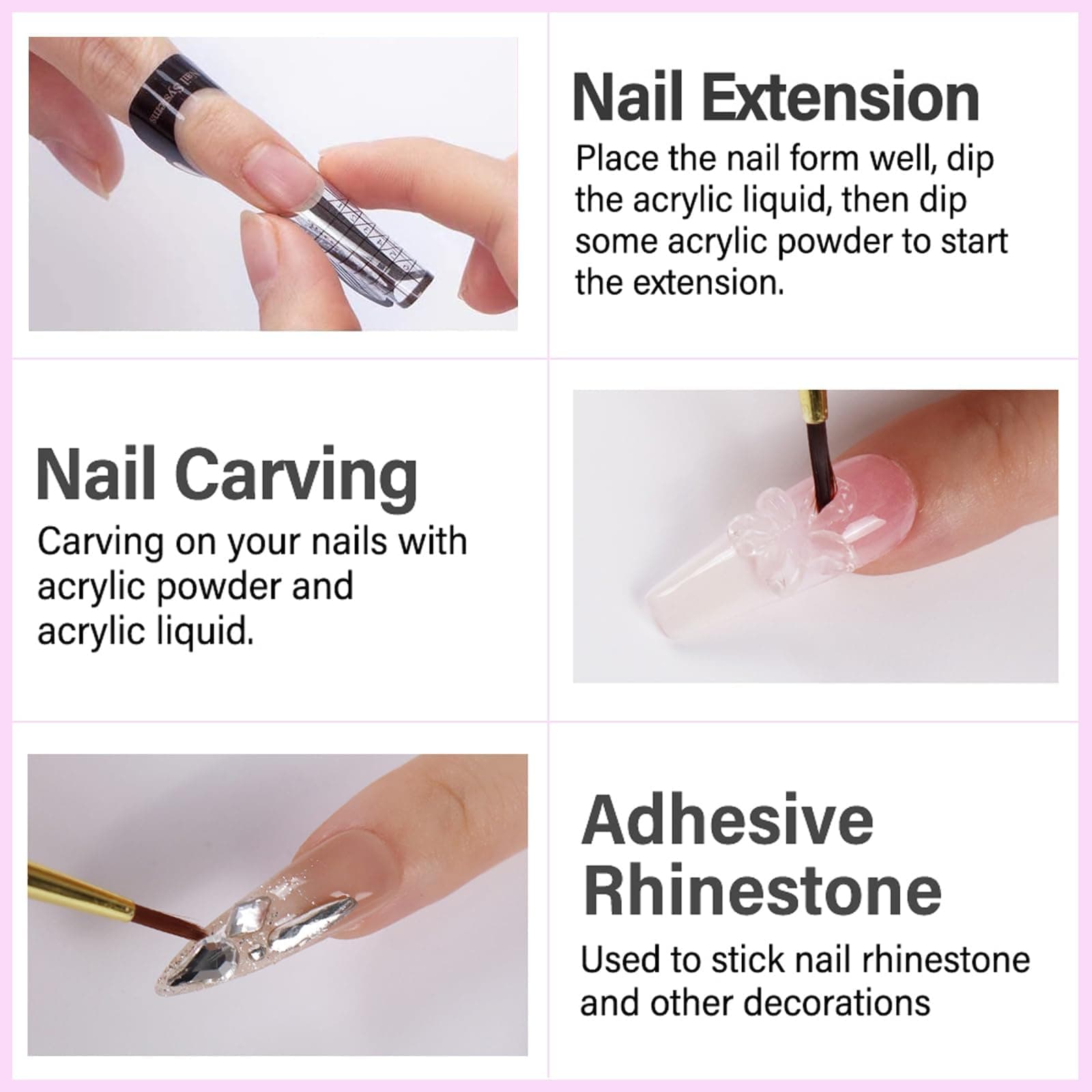 Acrylic Nail Kit Acrylic Powder and Professional Liquid Monomer Set with 5pcs Nail Brush Tips for Nails Extension Beginner kit for Nail Art Starter, Pink White Clear thumbnail 6