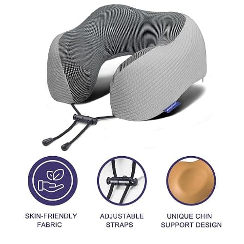 napfun Neck Pillow for Traveling, Upgraded Travel Neck Pillow for Airplane 100% Pure Memory Foam Travel Pillow for Flight Headrest Sleep, Portable Plane Accessories, Striped Light Grey Set thumbnail 4