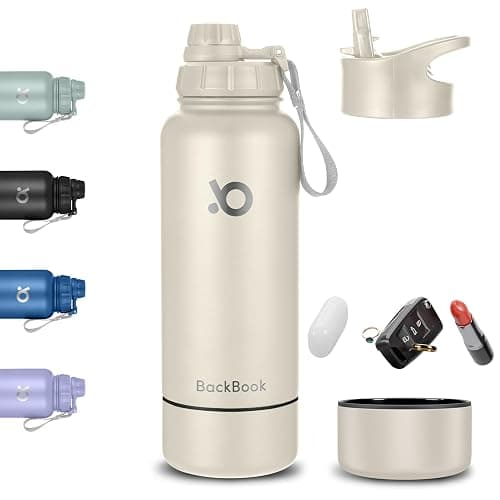 BackBook 32 oz Insulated Sports Water Bottle With 8 oz Storage Compartment, Double Wall Leak Proof Stainless Steel Bottle With 2 Lids for Sports and Travel, Cold and Hot Drinks, BPA-Free - Almond - Image 1