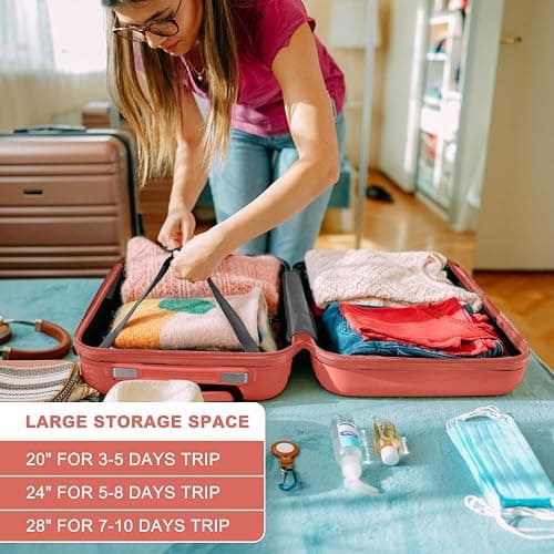 Kono 4 Piece Luggage Sets Expandable(only 28") Lightweight with Spinner Wheels TSA Lock Hardside Travel Rolling Suitcases 20in 24in 28in Carry on and 12in Mini Cosmetic Case Coral Pink thumbnail 6