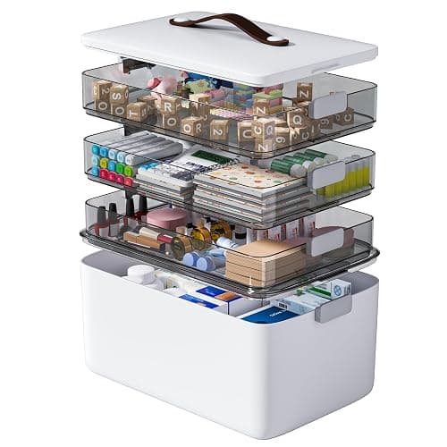 MOPUP 4-Tier Medicine Craft,Sewing,Art,Organizer Storage,Portable Latch Bin with Lid and Leather Handle,Pill Bottle, First Aid,Multipurpose Organizer with Removable Tray,A Household Essential - Image 1
