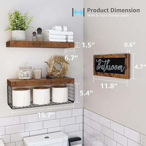 QEEIG ‎Bathroom Shelves Over Toilet - Paper Storage Wall Mounted Farmhouse Decor Decorations Aesthetic Décor Sign Small Floating Shelf 2+1 Set 16 inch, Rustic Brown (020BN) thumbnail 3