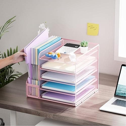 Marbrasse Schreibtisch Organizer und Büro Zubehör,5-Tier Briefablage,Mesh Büro Organizer für Schreibtischzubehör & Ablage(Rosa) thumbnail 2