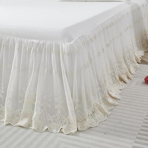 Brandream Luxury Ivory White Lace Bed Skirt Queen Size Split Corners Romantic Vintage Girls Bed Cover Dust Ruffle Bed Skirts 18 Inch Drop - Image 1