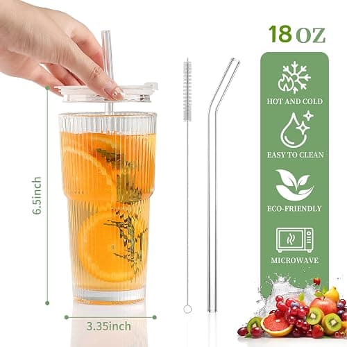 Glass Cups with Lids and Straws - 18oz Glass Tumbler with Straw and Lid, Premium Coffee Cups for Tea, Iced Coffee, Smoothie，Ideal Gift for Home, Office, 4pack thumbnail 3