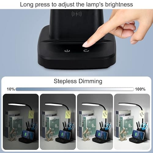 Sailstar LED Desk Lamp with 10W Wireless Charging & Pen Holder, Black | CRI 95, 800LM, Stepless Dimming, 3 Modes, 360°Flexible Arm, Touch, Study Table Lamp for Home Office, Dorm Room, with Adapter thumbnail 5