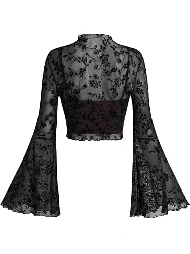 Verdusa Women's Gothic Clothes Y2K Mesh Long Bell Sleeve Crop Tops Country Concert Outfits Boho Tops thumbnail 2