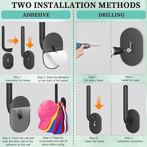 Eiito Hat Hooks for Caps Storage-4Pack,Multi-Purpose Hat Organizer,Strong Adhesive Hat Racks for Wall, Two Mounting Options RV Organization and Storage Cap Hanger(Black) thumbnail 6