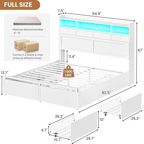 AOGLLATI Full Size Bed Frame with Storage Headboard and 6 Drawers, Wood Full Size Bed Frame with 4 Fabric Drawers and Hidden Storage, Charging Station and LED Lights, No Box Spring Needed, White thumbnail 2