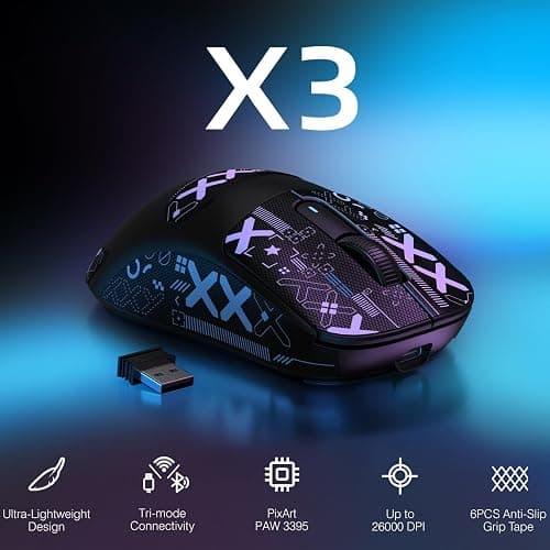 MANBASNAKE Attack Shark X3 Wireless Gaming Mouse, 49g Lightweight Triple Mode Ergonomic Computer Mouse, PAW3395 26K DPI Sensor, 200h Battery Life, Griptape Programmable Buttons for PC/Laptop/Mac/Win thumbnail 2