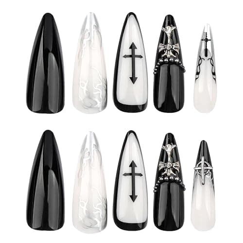 MouyouGlow Press on Nails Long,Stiletto Schwarz Silber Schmetterling Herz 3D Wasserrippel Crystal Chrome Gothic Fake Nails mit Nagelkleber,Halloween Black Silver Künstliche Fingernägel thumbnail 2