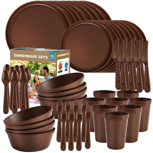 40 Piece Plastic Dinnerware Set for 8 with Cutlery, Unbreakable Plates and Bowls Set, Dishwasher & Microwave Safe Reusable Dish Set for Camping, RV, Outdoor Kitchen, Apartment Dining, Brown - Image 1