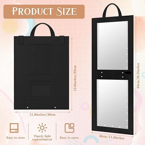 Maysing 1 Pack Foldable Full Length Travel Mirror with Full Light 25.2x11.8 Inch Foldable Hanging Backstage Mirror LED Double Side Lights for Travel Camping Dance Competition Home Fitness Gift(Black) thumbnail 2