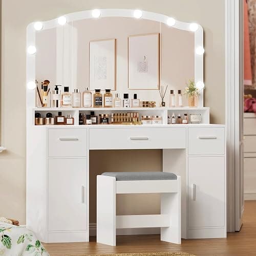 usikey Large Vanity with Mirror and Light, Dressing Table Set with 3 Drawers, 2 Cabinets and 10 LED Bulbs Dresser with Stool for Women,Bedroom,Bathroom, White thumbnail 4