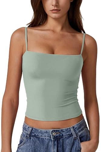 QINSEN Women's Double Lined Basic Tank Top Adjustable Spaghetti Straps Sleeveless Camisole Shirts - Image 1