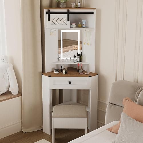 ARTETHYS Small Vanity Desk Set with Lights and Mirror Makeup Vanities with Drawers for Corner Space White Farmhouse Make up Dressing Table with Storage Stool for Bedroom thumbnail 7