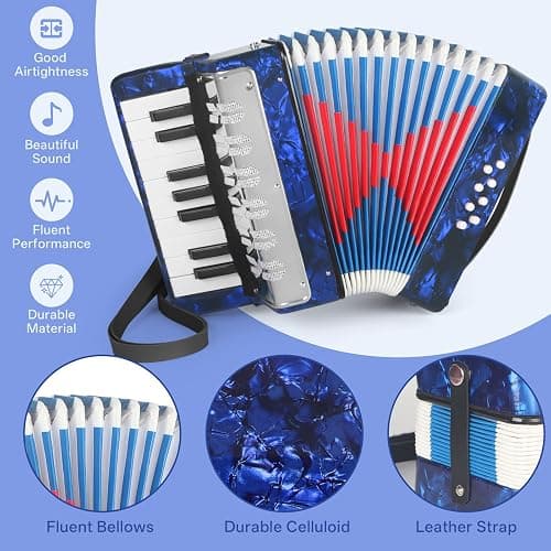 AKLOT 17 Key Piano Accordion, Lightweight Kids Accordion, Celluloid Accordions Brighter and Pure Tone than Plastic, Durable Metal Cover with Straps, Manual for Children, Beginners Acordeón (Blue) thumbnail 4