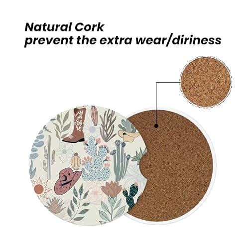 Fcergeo Car Coasters for Cup Holders - (Cottagecore Western Cowboy hat) | (2 Pack) 2.56 Inch Ceramic - Absorbent, Anti-Slip Insert Coasters Car Interior Accessories Unisex for Women & Men thumbnail 3
