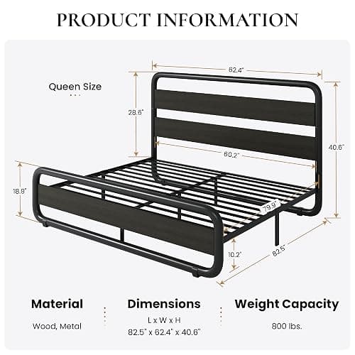 SHA CERLIN Queen Size Metal Bed Frame with Wooden Headboard and Footboard, Heavy Duty Oval-Shaped Platform Bed with Under-Bed Storage, Noise Free, No Box Spring Needed, Black thumbnail 2