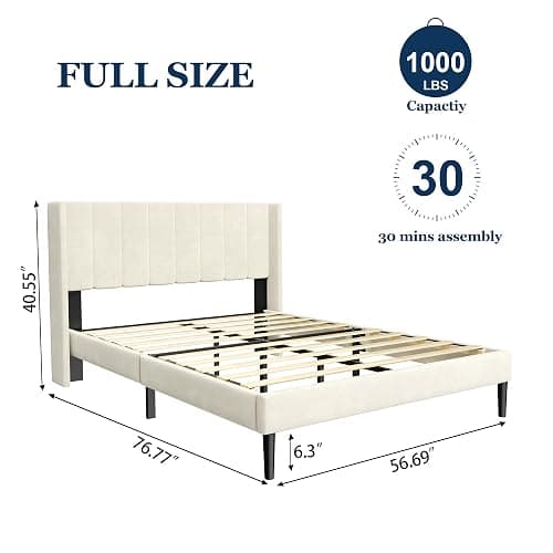 Sismplly Full Size Bed Frame with Headboard,Vertical Channel Tufted Wingback No Box Spring Needed, Mattress Foundation, Easy Assembly, Beige thumbnail 2