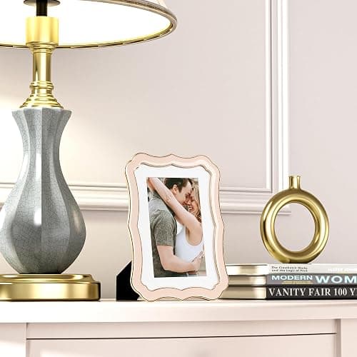4x6 Enamel Picture Frame with HD-Tempered Glass, Display 3x5 Photo with Mat, Ornate Photo Frame with Gold Metal Edge & Velvet Back for Tabletop & Wall Mount Vertically or Horizontally Display, Pink thumbnail 2
