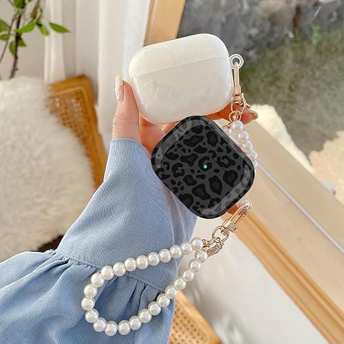 Olytop for Cute Glitter Airpods 4 Case 2024 with Cleaner Pen, Shell Pattern Apple Airpods iPod 4th Generation Case Cover Protective Skin Girl Women with Luxury Pearl Keychain, Black/Grey Leopard thumbnail 9