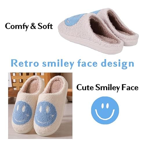 FACAXEDRE Smile Face Slippers for Women - Indoor Outdoor Retro Happy House Slides, Soft Fluffy Cushion Furry Shoes - Blue - 6.5-7.5 Women/5.5-6.5 Men thumbnail 5