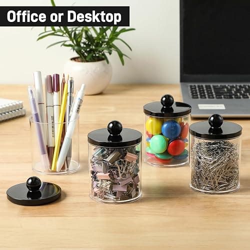 8 Pack Acrylic Qtip Holder Dispenser for Cotton Swabs, Balls, Pads, Floss - Plastic Canister Apothecary Jar Set, Bathroom Essentials Accessories Decor Vanity Makeup Storage Organizer - Clear & Black thumbnail 7