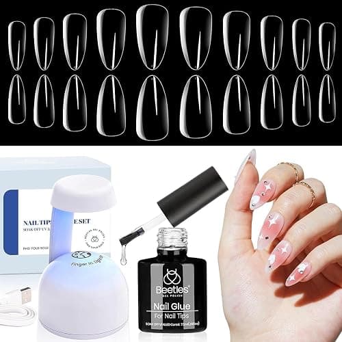 Beetles Gel Nail Kit Clear, Almond Medium, 500pcs 10 Sizes, with 9 in 1 Glue Mini Nail Lamp, Fall Nails, Full Cover Easy Nail Extension Set for Home DIY Salon Gift for Girls - Image 1