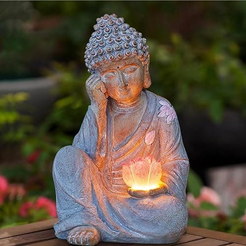 Thumok Buddha Statue Outdoor with Lotus Flower Light, IP65 Waterproof Solar Statue Lights, Outdoor Statues for Garden, Zen Decor for Garden, Home, Patio, Lawn - Image 1