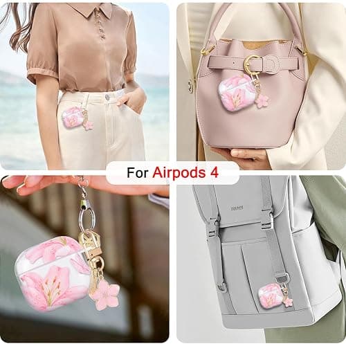 CameCosy Transparent Case Compatible for Airpods 4 Generation 2024 with Flower Pendant, Cute Cover with Pink Lily Flower Pattern for Girls, Protective Case in Shockproof Anti-Scratches Anti-Slip TPU thumbnail 6