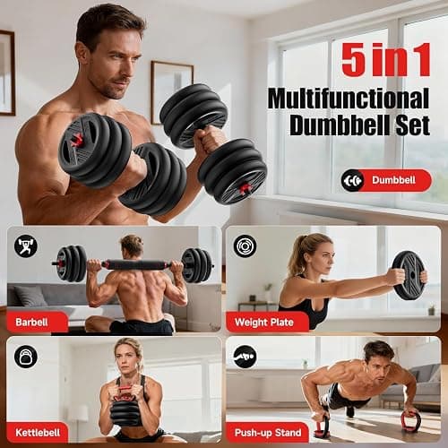 Cvonte Adjustable Dumbbell Set, 20/30/45/70/90lbs Free Weight Set With Double Locknut, 5-in-1 Dumbbells Set Includes Barbell, Kettlebells, Push up Stand, Weight Plate, Fitness Exercise for Home Gym Suitable Men/Women thumbnail 2