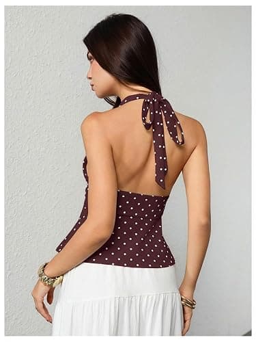 Milumia Women's Polka Dots Halter Top Y2k Tie Backless V Neck Ruffle Hem Peplum Tank Tops thumbnail 2
