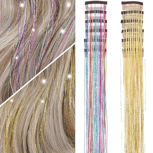 Hair Tinsel Kit Clip in for Kids 12 Pcs Fairy Glitter Tinsel Hair Extension | 22 Inch Gold/Rainbow Hair Tinsel Heat Resistant Hair Accessories for Women Girls Festival Birthday Party Festival - Image 1