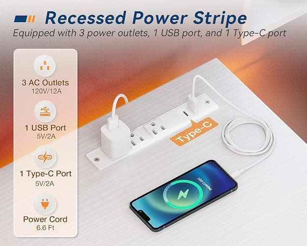 KKL Small Desk with Power Outlets and USB Port Computer Desk for Home Office Gaming Simple Modern Style Writing Desks with Storage Bag Headphone Hook, 40 inch, White - White - 40 inch thumbnail 4