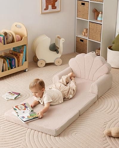 Blissful Diary Kids Couch, 2-in-1 Soft Toddler Couch Fold Out, Toddler Chair Comfy, Convertible Sofa to Lounger, Kids Furniture for Playroom, Gift for Birthday, Children's Day, Beige Shell thumbnail 5
