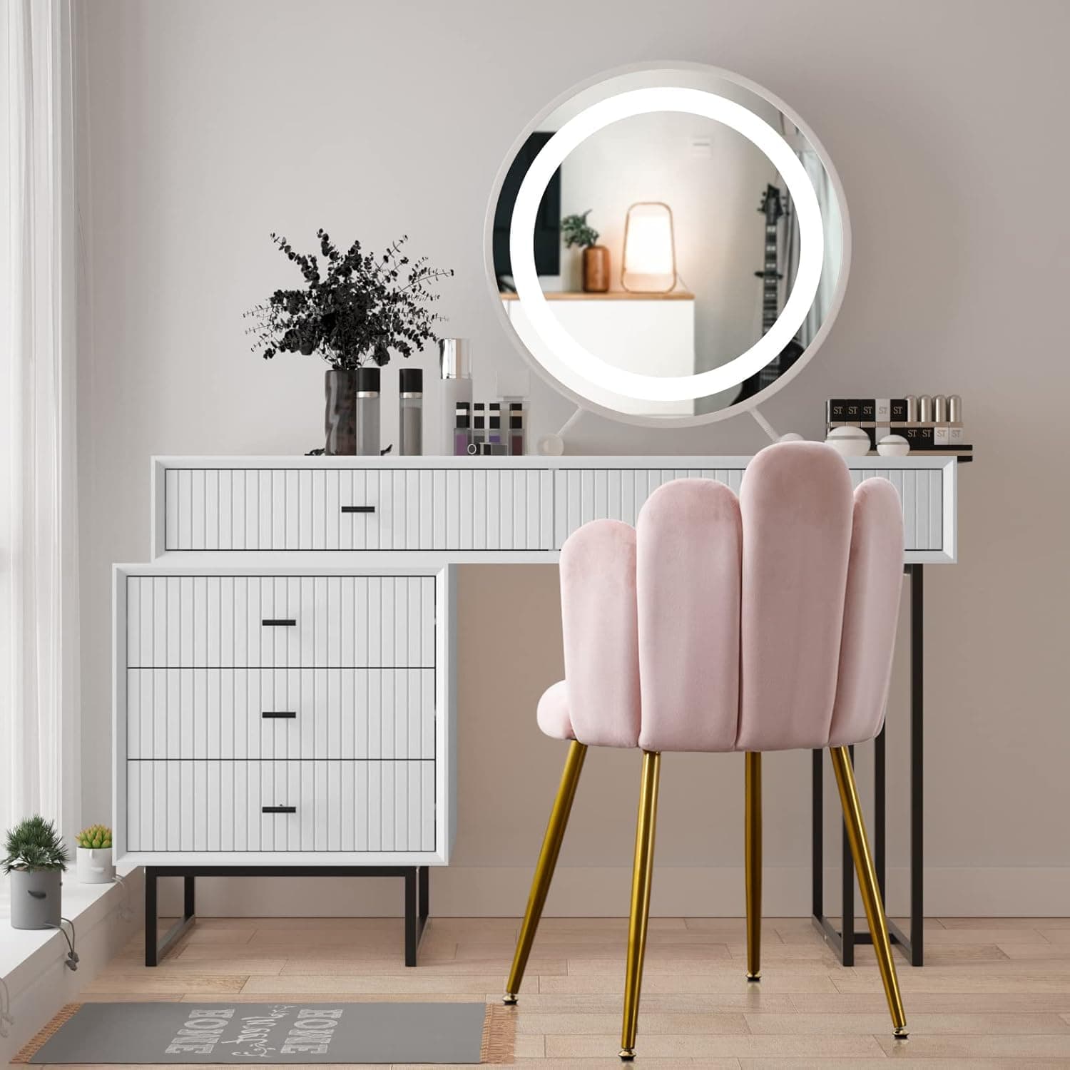 Okeysen Vanity Chair for Bedroom, Makeup Chair No Wheels - Midcentury Modern Velvet Chair with Back Support, Gold Legs with Anti-Slip Feet for Living Room (Pink) thumbnail 3