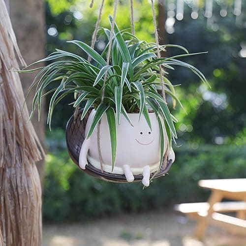 UMESONG Hanging Swing Chair Planter Pot Smiley Face Planter for Indoor Outdoor Plant Cute Head Resin Flower Pots for String of Pearls Plant Live Unique Gift IdeaI for Mother Day, Christmas (Large) thumbnail 6