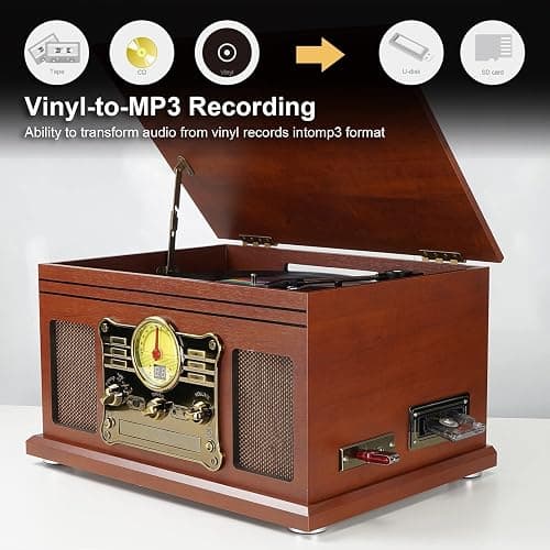 FEKTIK Bluetooth Record Player 10 in 1, 3-Speed Turntable for Vinyl with Speakers, LP to MP3 Converter, CD, Cassette Player, FM Radio, Wireless Streaming | Mahogany - Mahogany thumbnail 3