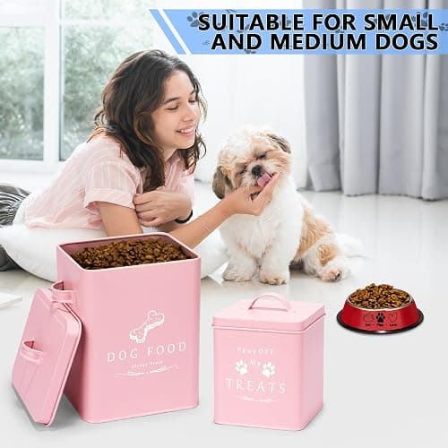 Meraki Home Small Dog Food Container and Dog Treats Container - Tight Lids - Feed Scoop and Pet Food Bowl - Farmhouse Metal Storage Bin - Matte Pink thumbnail 2