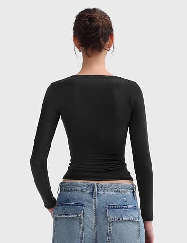 PUMIEY Women's Long Sleeve T Shirts Scoop Neck Slim Fit Going Out Tops Double Lined Basic Tee Smoke Cloud Collection thumbnail 4