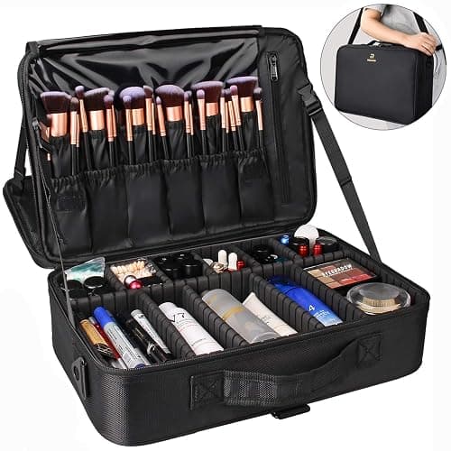 Relavel Makeup Case Large Makeup Bag Professional Train Case 16.5 inches Travel Cosmetic Organizer Brush Holder Waterproof Makeup Artist Storage Box, 3 Layer Large Capacity, with Adjustable Strap thumbnail 7
