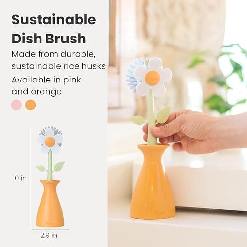 Vigar Florganic Daisy-Shaped Dish Brush with Vase Dish Brush Holder, Dish Brush with Handle, for Pot Scrubber, Kitchen Dishes, and Sink Cleaning, Orange thumbnail 3