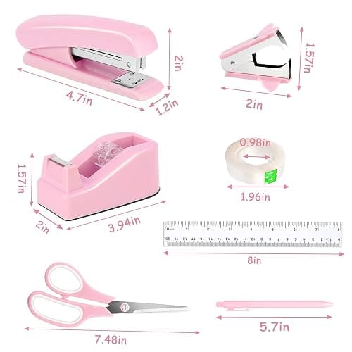 Pink Desk Accessories, Pink Office Supplies Accessories with Tape Dispenser, Stapler, Staple Remover, 1000 Staples, Tape, Clips Set, Ruler, Scissor, Pen thumbnail 2