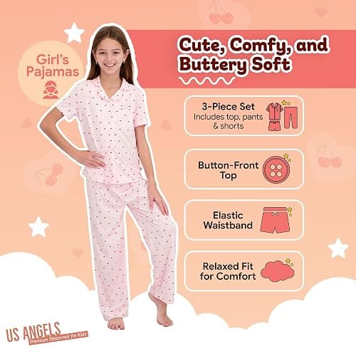 US Angels Girls Pajama Set 3 Piece, Short Sleeve Button Down PJs with Shorts & Pants, Soft Sleepwear Girls & Tweens Size 5-16 thumbnail 3