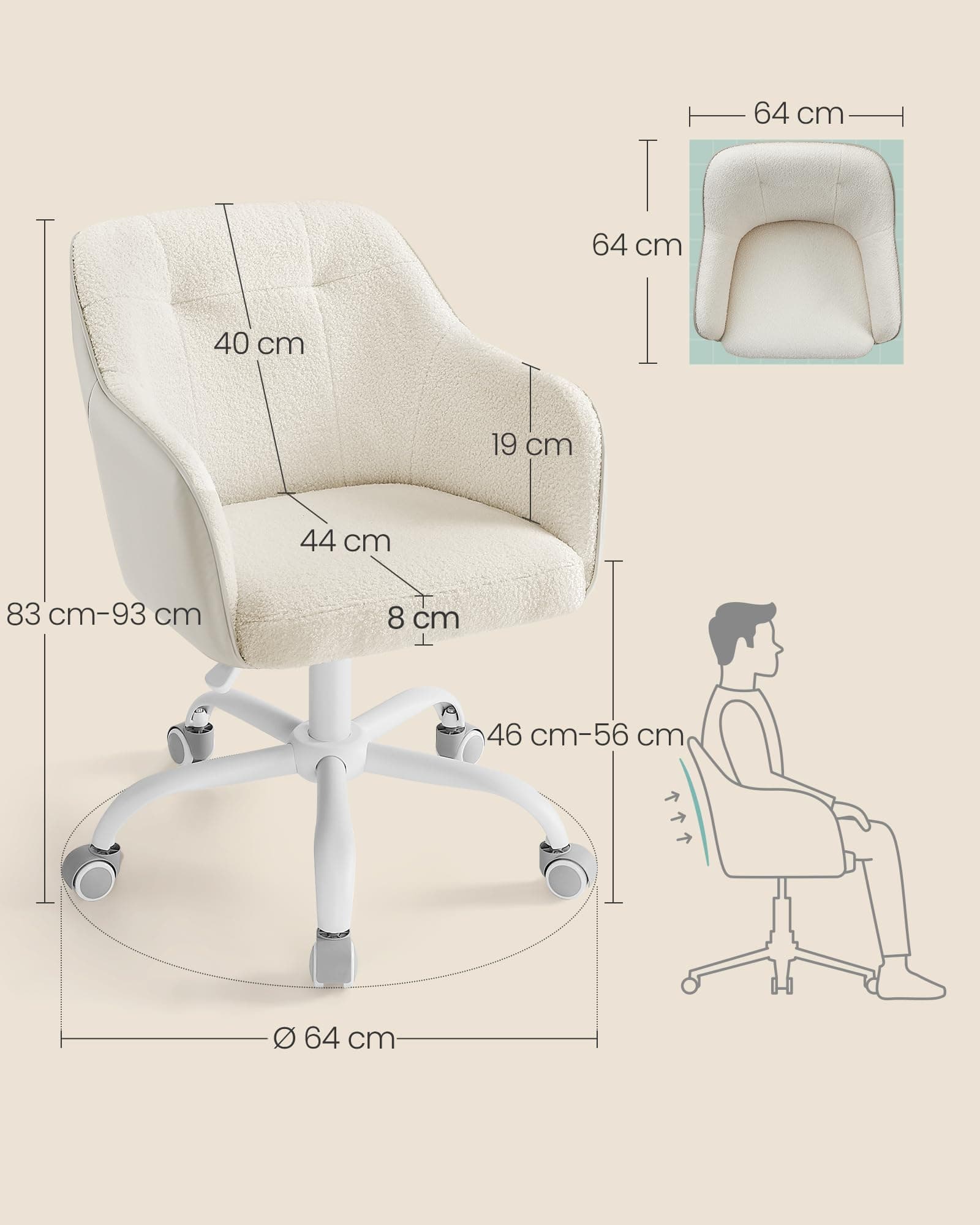 SONGMICS Home Office Chair Swivel Desk Chair Height Adjustable up to 110 kg Load Capacity Breathable Sherpa Fabric and PU for Study Room Bedroom Cappuccino Beige OBG019W01 thumbnail 3