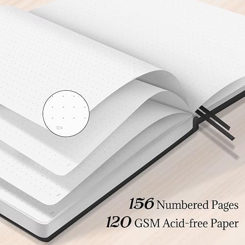 Lonely Oak Notizbuch A5 Hardcover Bullet Dotted Journal 120g/m²Dickes Premium Säurefreies Papier, 156 Seiten Journal mit Gummiband & Innentasche, 14,5 x 21,3 cm (Schwarz) thumbnail 4