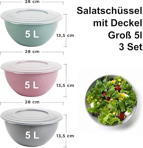 2friends Salatschüssel mit Deckel 3er Set Rührschüssel, lebensmittelechter BPA-freier Kunststoff, Schüssel Made in EU, 5L Volumen, Ø28cm Durchmesser, Hellgrau Pastellrosa Pastellgrün - Image 1