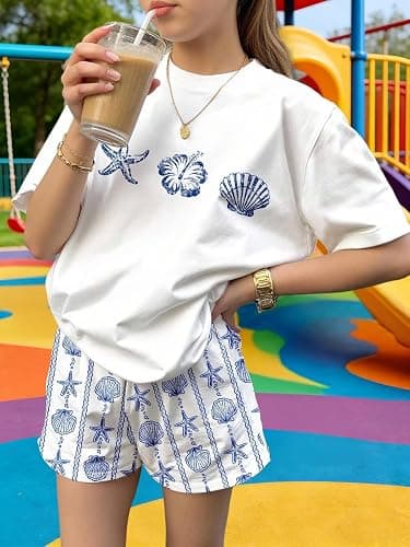 Girls 2-Piece Summer Outfits, Blue Sea Star and Shell Print White Tee and Shorts Set for Teens Girl 13-16 Years - Image 1