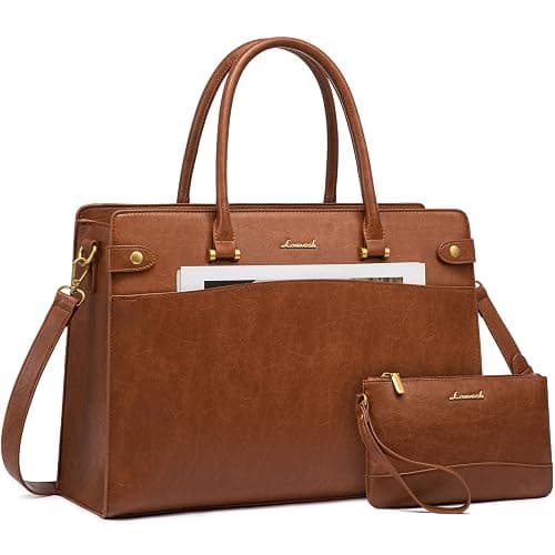 LOVEVOOK 17 Inch Laptop Tote Bag For Women Teacher Work Bag, Leather Computer Bags For Laptops For Women, Vintage Waterproof Laptop Bag Business Briefcase Office Large Shoulder Handbag Purse, Brown - 17.3 inch - Brown - Image 1